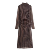 Woman Print Tulle Dress  Autumn Woman Sleeveless Vintage Bodycon Dress Women Ruched Midi Elegant Dresses