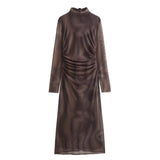 Woman Print Tulle Dress  Autumn Woman Sleeveless Vintage Bodycon Dress Women Ruched Midi Elegant Dresses